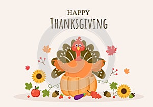 Happy Thanksgiving Celebration with Cartoon Turkey, Leaves, Chicken, Pumpkin and Other For Decoration or Background Vector