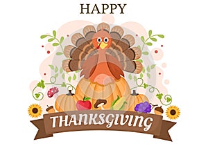 Happy Thanksgiving Celebration with Cartoon Turkey, Leaves, Chicken, Pumpkin and Other For Decoration or Background Vector