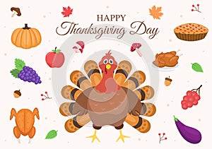 Happy Thanksgiving Celebration with Cartoon Turkey, Leaves, Chicken, Pumpkin and Other For Decoration or Background Vector