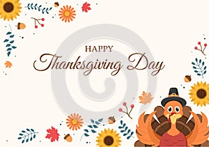 Happy Thanksgiving Celebration with Cartoon Turkey, Leaves, Chicken, Pumpkin and Other For Decoration or Background Vector