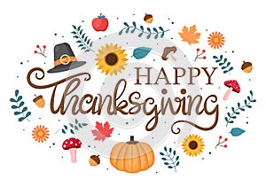 Happy Thanksgiving Celebration with Cartoon Turkey, Leaves, Chicken, Pumpkin and Other For Decoration or Background Vector