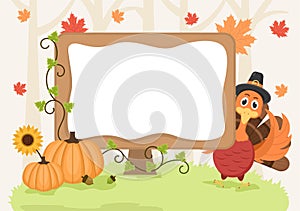 Happy Thanksgiving Celebration with Cartoon Turkey, Leaves, Chicken, Pumpkin and Other For Decoration or Background Vector