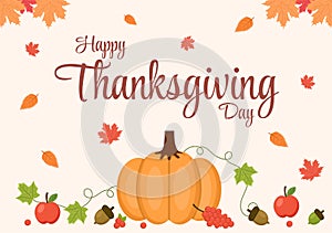 Happy Thanksgiving Celebration with Cartoon Turkey, Leaves, Chicken, Pumpkin and Other For Decoration or Background Vector