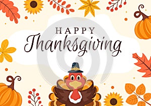 Happy Thanksgiving Celebration Template Hand Drawn Cartoon Flat Illustration with Turkey, Leaves, Chicken or Pumpkin Design