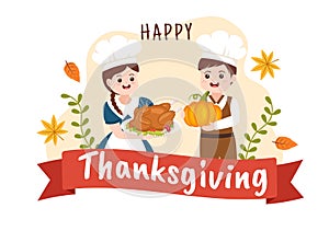 Happy Thanksgiving Celebration Template Hand Drawn Cartoon Flat Illustration with Turkey, Leaves, Chicken or Pumpkin Design