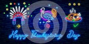 Happy Thanksgiving collection neon signs. Happy turkey day, give thanks banner in neon style, night bright signboard, celeb