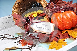 Happy Thanksgiving cornucopia with Autumn Fall leaves close up.