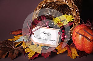 Happy Thanksgiving cornucopia wicker basket closeup