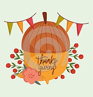 Happy thanksgiving day, acorn flower berries pennants celebration card
