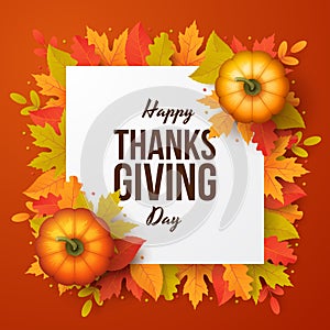 Happy thanksgiving day background with autumn leaves and pumpkins. Vector illustration