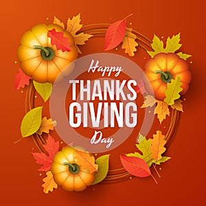 Happy thanksgiving day background with autumn leaves and pumpkins. Vector illustration