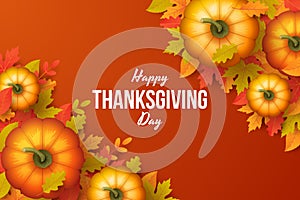 Happy thanksgiving day background with autumn leaves and pumpkins. Vector illustration