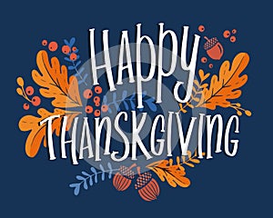 Happy thanksgiving day background with lettering and illustrations