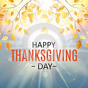 Happy Thanksgiving Day Background with Shiny Autumn Natural Leaves. Vector Illustration