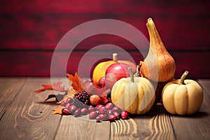 Happy Thanksgiving Day background, wooden table decorated with Pumpkins, Maize, fruits and autumn leaves. Harvest