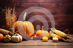 Happy Thanksgiving Day background, wooden table decorated with Pumpkins, Maize, fruits and autumn leaves. Harvest