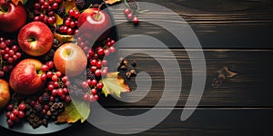 Happy Thanksgiving Day background, wooden table decorated with Pumpkins, Maize, fruits and autumn leaves. Harvest