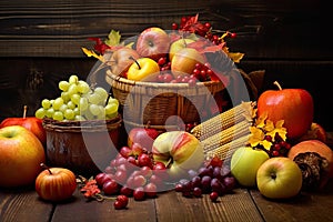 Happy Thanksgiving Day background, wooden table decorated with Pumpkins, Maize, fruits and autumn leaves. Harvest