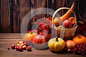 Happy Thanksgiving Day background, wooden table decorated with Pumpkins, Maize, fruits and autumn leaves. Harvest