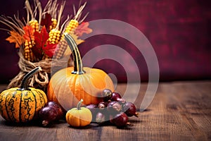 Happy Thanksgiving Day background, wooden table decorated with Pumpkins, Maize, fruits and autumn leaves. Harvest