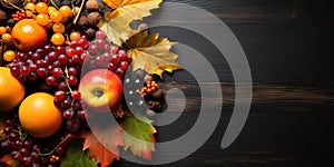 Happy Thanksgiving Day background, wooden table decorated with Pumpkins, Maize, fruits and autumn leaves. Harvest