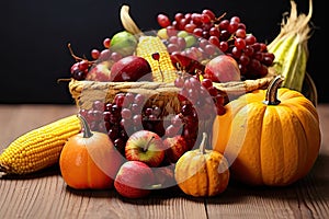 Happy Thanksgiving Day background, wooden table decorated with Pumpkins, Maize, fruits and autumn leaves. Harvest