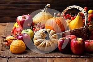 Happy Thanksgiving Day background, wooden table decorated with Pumpkins, Maize, fruits and autumn leaves. Harvest