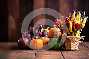 Happy Thanksgiving Day background, wooden table decorated with Pumpkins, Maize, fruits and autumn leaves. Harvest