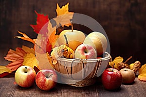 Happy Thanksgiving Day background, wooden table decorated with Pumpkins, Maize, fruits and autumn leaves. Harvest