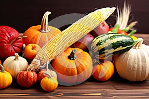 Happy Thanksgiving Day background, wooden table decorated with Pumpkins, Maize, fruits and autumn leaves. Harvest