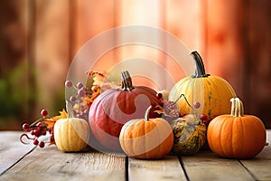 Happy Thanksgiving Day background, wooden table decorated with Pumpkins, Maize, fruits and autumn leaves. Harvest