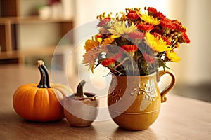 Happy Thanksgiving Day background, wooden table decorated with Pumpkins, Maize, fruits and autumn leaves. Harvest