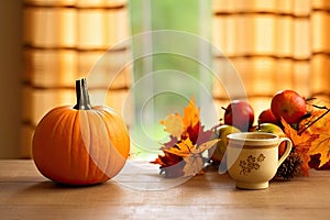 Happy Thanksgiving Day background, wooden table decorated with Pumpkins, Maize, fruits and autumn leaves. Harvest