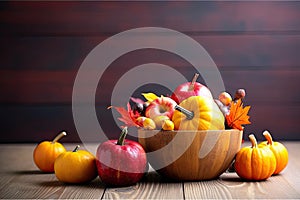Happy Thanksgiving Day background, wooden table decorated with Pumpkins, Maize, fruits and autumn leaves. Harvest