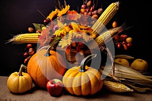 Happy Thanksgiving Day background, wooden table decorated with Pumpkins, Maize, fruits and autumn leaves. Harvest