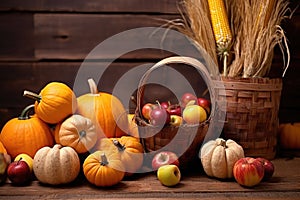 Happy Thanksgiving Day background, wooden table decorated with Pumpkins, Maize, fruits and autumn leaves. Harvest