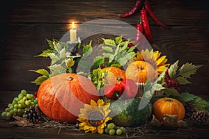 Happy Thanksgiving Day background, wooden table, decorated with vegetables, fruits and autumn leaves. Autumn background.