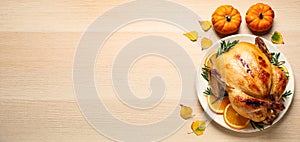 Happy Thanksgiving Day, banner design. Traditional cooked turkey and autumn decor on wooden table, flat lay with space for text