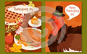 Happy Thanksgiving Day banner, poster design set, turkey and table full of autumn food