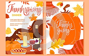 Happy Thanksgiving Day banner, poster or flyer design set, family dinner, autumn harvest