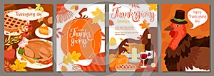 Happy Thanksgiving Day banner, poster or greeting card design set with autumn pattern