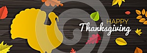 Happy thanksgiving day banner   with turkey bird silhouette  autumn leaves on wooden background vector