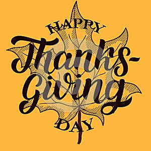 Happy thanksgiving brush hand lettering, isolated on white background. Calligraphy illustration.