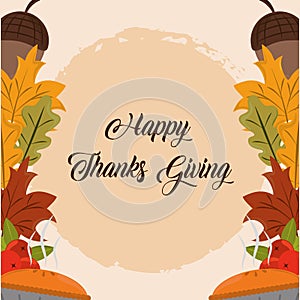 Happy thanksgiving day, cakes acorn and leaves season card