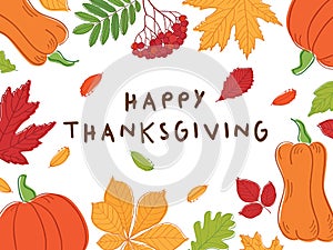 Happy Thanksgiving Day card. Background with autumn leaves and pumpkins.