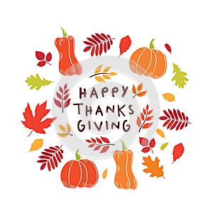 Happy Thanksgiving Day card. Background with autumn leaves and pumpkins.