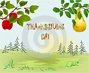 Happy Thanksgiving day Card beautiful autumn landscape on sunny background elegant text lettering, copy space Countryside fall fa
