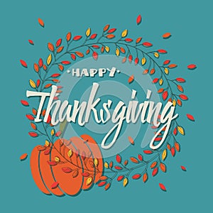 Happy Thanksgiving day card with decorative elements, floral wreath and pumpkin, colorful design