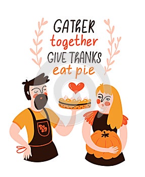 Happy Thanksgiving Day card design with holiday objects. Young couple with pumpkin and pumpkin pie.