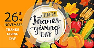 Happy Thanksgiving day card with lettering in gold circle frame.